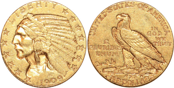 USA 5 Dollars Indian Head 1909 D Denver Or Gold