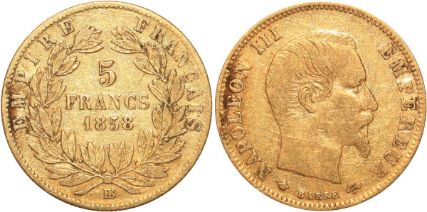 FRANCE Scarce 5 Francs Napoleon III 1858 BB Strasbourg Or Gold