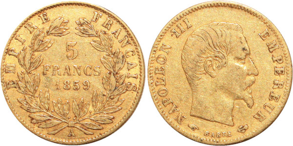 FRANCE 5 Francs Napoleon III 1859 A Paris Or Gold