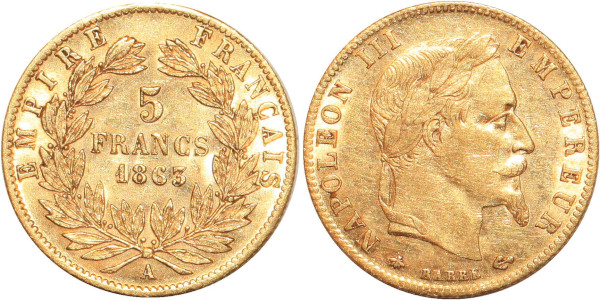 FRANCE 5 Francs Napoleon III 1863 A Paris Or Gold