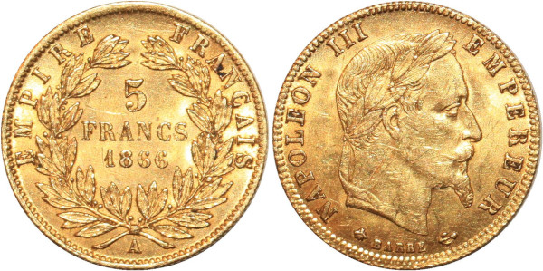 FRANCE 5 Francs Napoleon III 1866 A Paris Or Gold