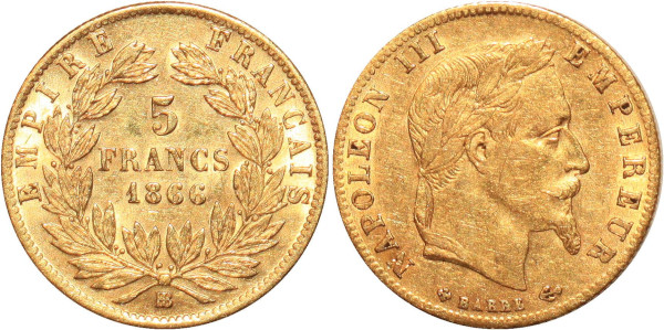 FRANCE 5 Francs Napoleon III 1866 BB Strasbourg Or Gold