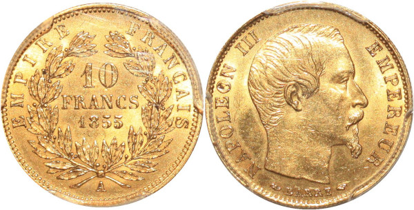 FRANCE 10 Francs Napoleon III petit module 1855 A Paris Or Gold PCGS MS62