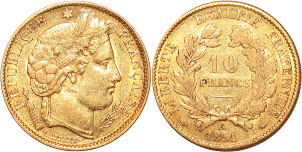 FRANCE 10 Francs Cérès 1851 A Paris Or Gold