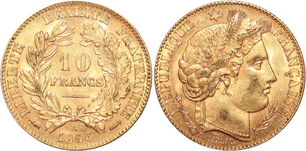 FRANCE 10 Francs Cérès 1896 A Paris Or Gold