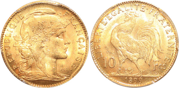 FRANCE 10 Francs Rooster 1899 Or Gold PCGS MS64