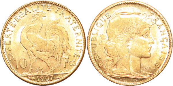 FRANCE 10 Francs Rooster 1907 Or Gold