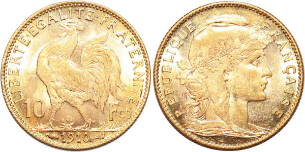 FRANCE 10 Francs Rooster 1910 Or Gold