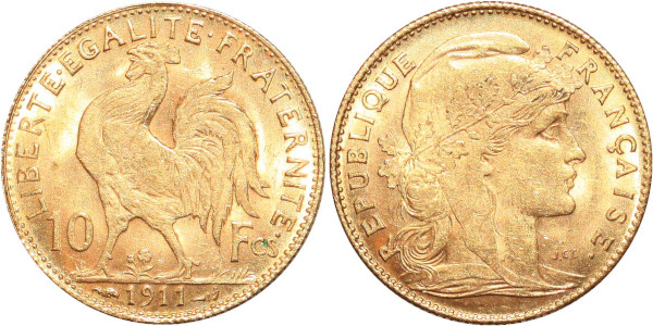FRANCE 10 Francs Rooster 1911 Or Gold