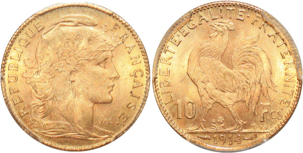FRANCE 10 Francs Rooster 1914 Or Gold PCGS MS64
