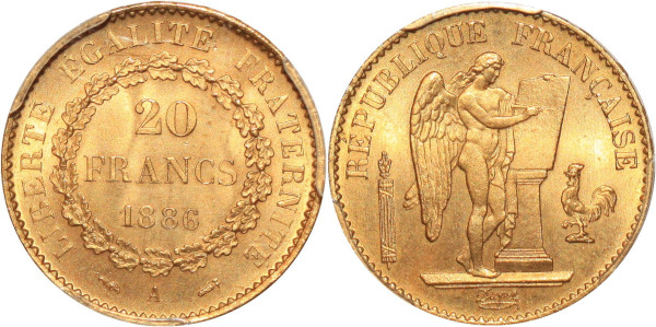 FRANCE Finest 20 Francs Genie 1886 A Paris Or Gold PCGS MS67