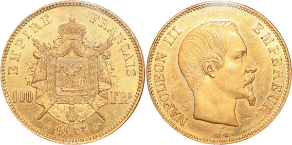 FRANCE 100 Francs Napoleon III 1855 A Paris Or Gold PCGS MS64