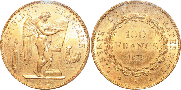 FRANCE 100 Francs Genie 1879 A Paris Or Gold PCGS MS64
