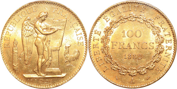 FRANCE 100 Francs Genie 1882 A Paris Or Gold PCGS MS63