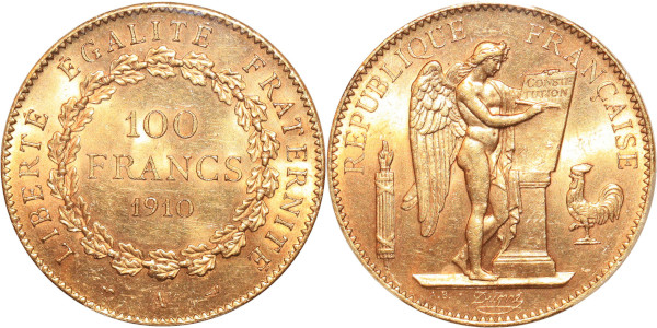 FRANCE 100 Francs Genie 1910 A Paris Or Gold PCGS MS63