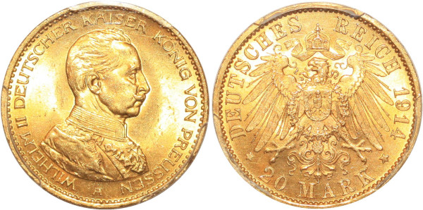 GERMANY Finest 20 Marks Wilhelm II 1914 Or Gold PCGS MS64