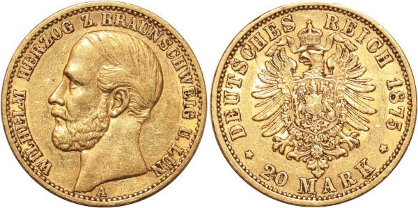 GERMANY 20 Marks Wilhelm Braunschweig Lüneburg 1875 A Or Gold