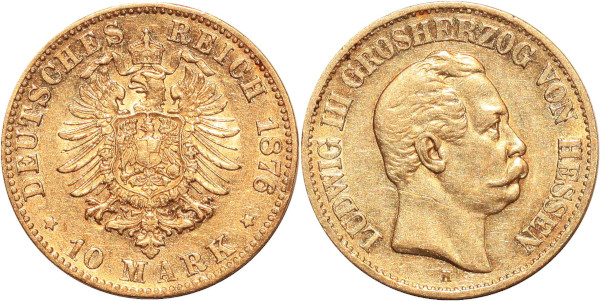 GERMANY 10 Marks Ludwig III Hessen 1876 H Or Gold