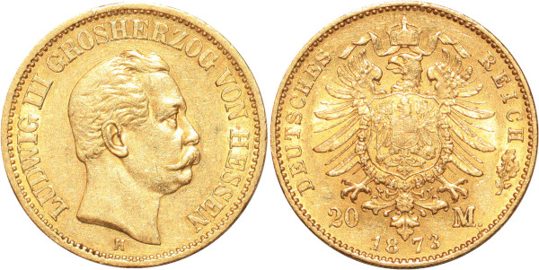 GERMANY 20 Marks Ludwig III Hessen 1873 H Or Gold