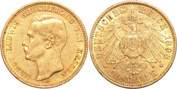 GERMANY 20 Marks Ernst Ludwig Hessen 1898 A Or Gold