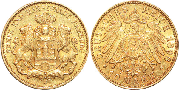 GERMANY 10 Marks 1898 J Hambourg Or Gold