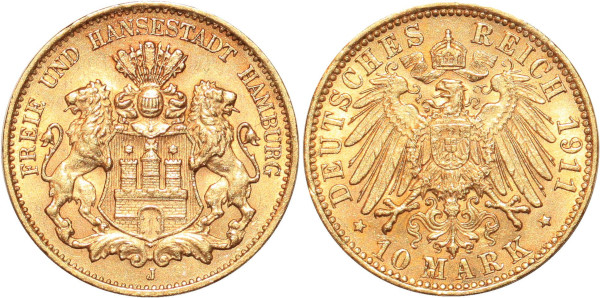 GERMANY 10 Marks 1911 J Hambourg Or Gold