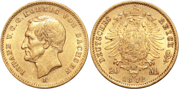 GERMANY 20 Marks Iohann V Sachsen 1872 E Or Gold