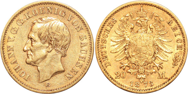 GERMANY 20 Marks Iohann V Sachsen 1873 E Or Gold