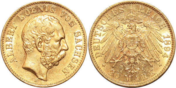 GERMANY 20 Marks Albert Sachsen 1894 E Or Gold