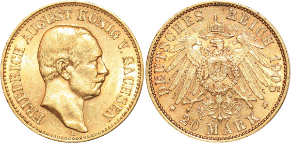 GERMANY 20 Marks Friedrich Sachsen 1905 E Or Gold