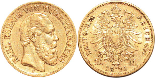 GERMANY 10 Marks Karl Wurttemberg 1873 F Or Gold