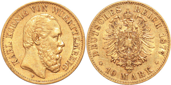 GERMANY 10 Marks Karl Wurttemberg 1877 F Or Gold