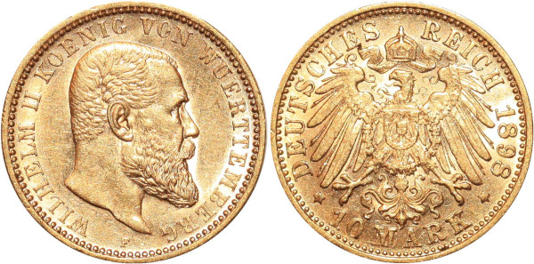 GERMANY 10 Marks Wilhelm II Wurttemberg 1898 F Or Gold