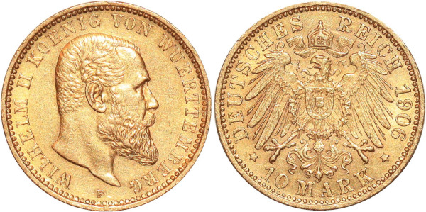 GERMANY 10 Marks Wilhelm II Wurttemberg 1906 F Or Gold