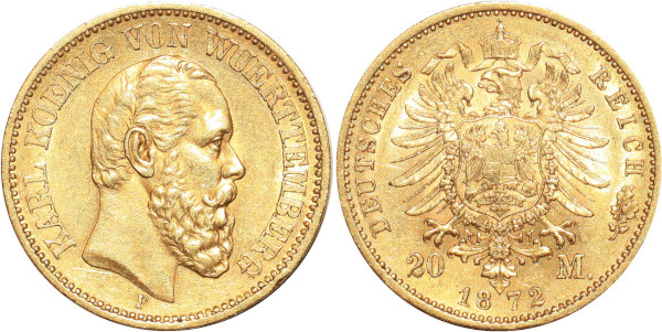 GERMANY 20 Marks Karl Wurttemberg 1872 F Or Gold