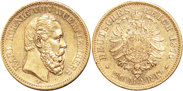GERMANY 20 Marks Karl Wurttemberg 1876 F Or Gold