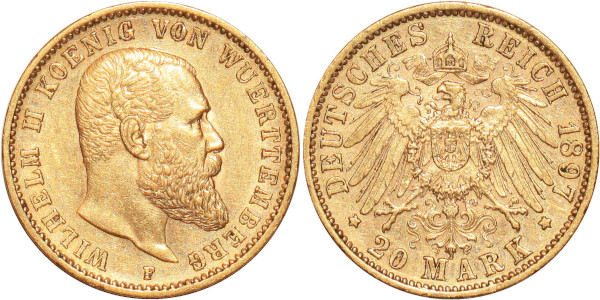 GERMANY 20 Marks Wilhelm II Wurttemberg 1897 F Or Gold