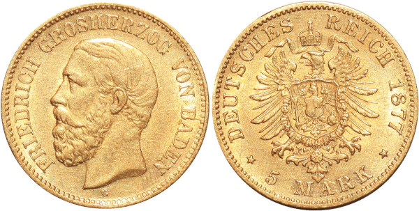 GERMANY 5 Marks Friedrich Baden 1877 G Or Gold
