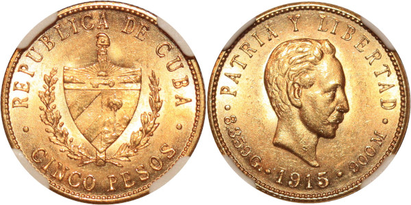 CUBA 5 Pesos 1915 Or Gold NGC MS62