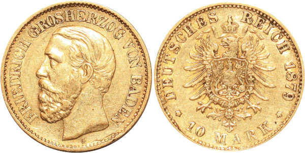 GERMANY 10 Marks Friedrich Baden 1879 G Or Gold