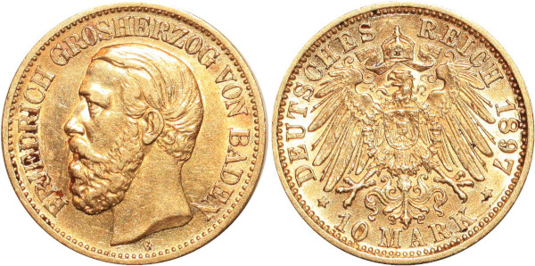 GERMANY 10 Marks Friedrich Baden 1897 G Or Gold