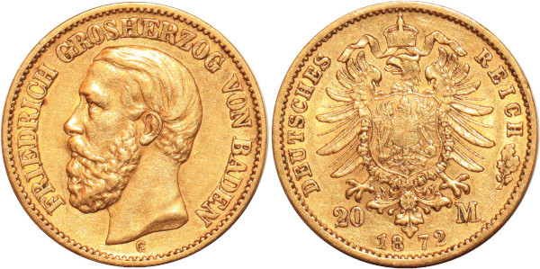 GERMANY 20 Marks Friedrich Baden 1872 G Or Gold