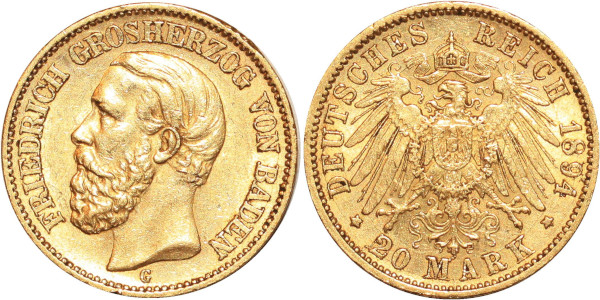GERMANY 20 Marks Friedrich Baden 1894 G Or Gold