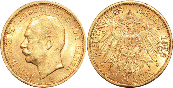 GERMANY 20 Marks Friedrich II Baden 1913 G Or Gold