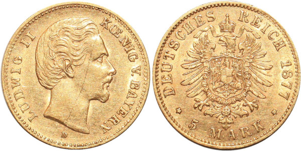 GERMANY 5 Marks Ludwig II Bayern 1877 D Or Gold