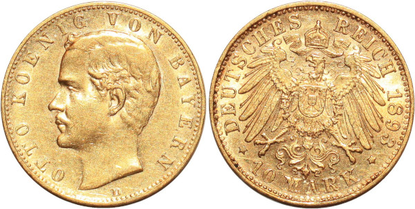 GERMANY 10 Marks Otto Bayern 1893 D Or Gold