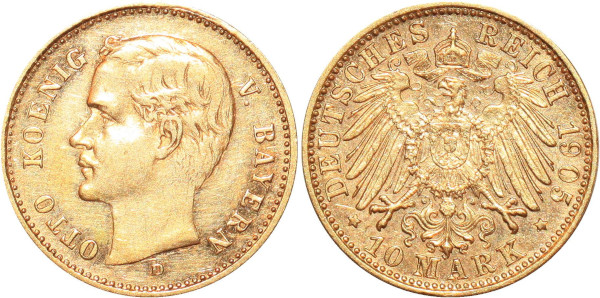 GERMANY 10 Marks Otto Bayern 1905 D Or Gold