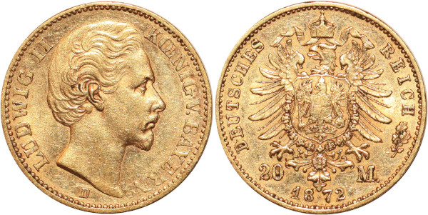 GERMANY 20 Marks Ludwig II Bayern 1872 D Or Gold