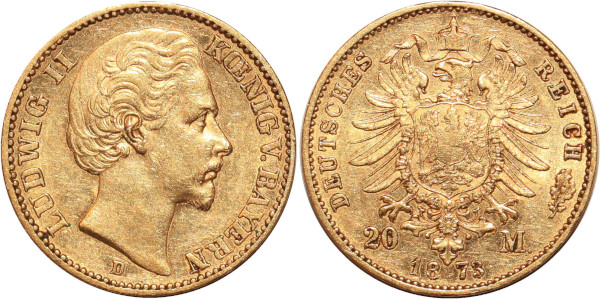 GERMANY 20 Marks Ludwig II Bayern 1873 D Or Gold