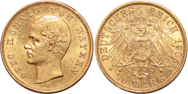 GERMANY 20 Marks Otto Bayern 1905 D Or Gold